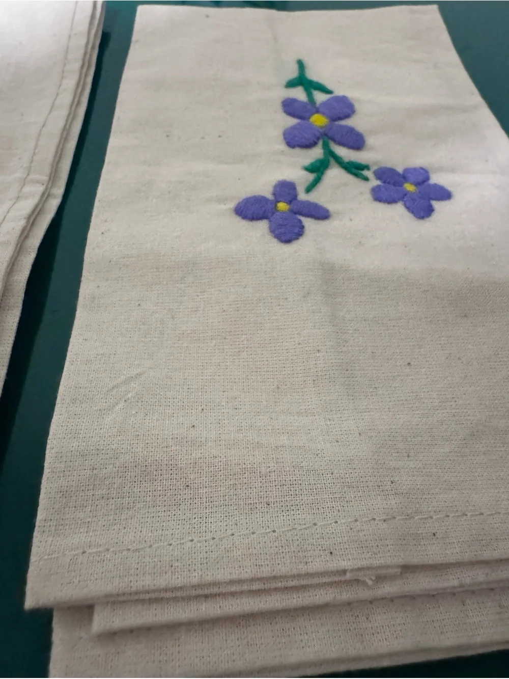 Set Of Two Napkins  Embroidered  Simple Single Flower Pattern Bone Colour Tea